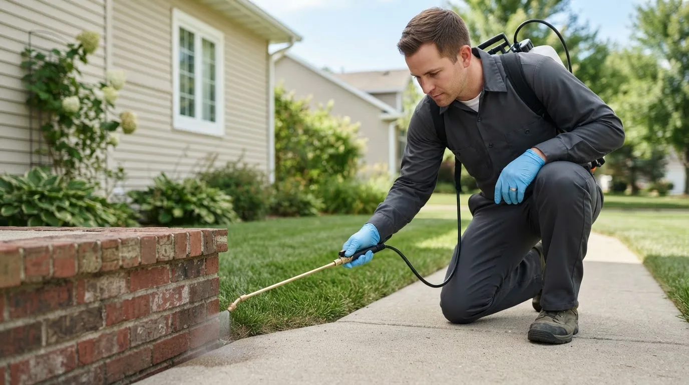 Pest control technician treating a home near Quail, TX