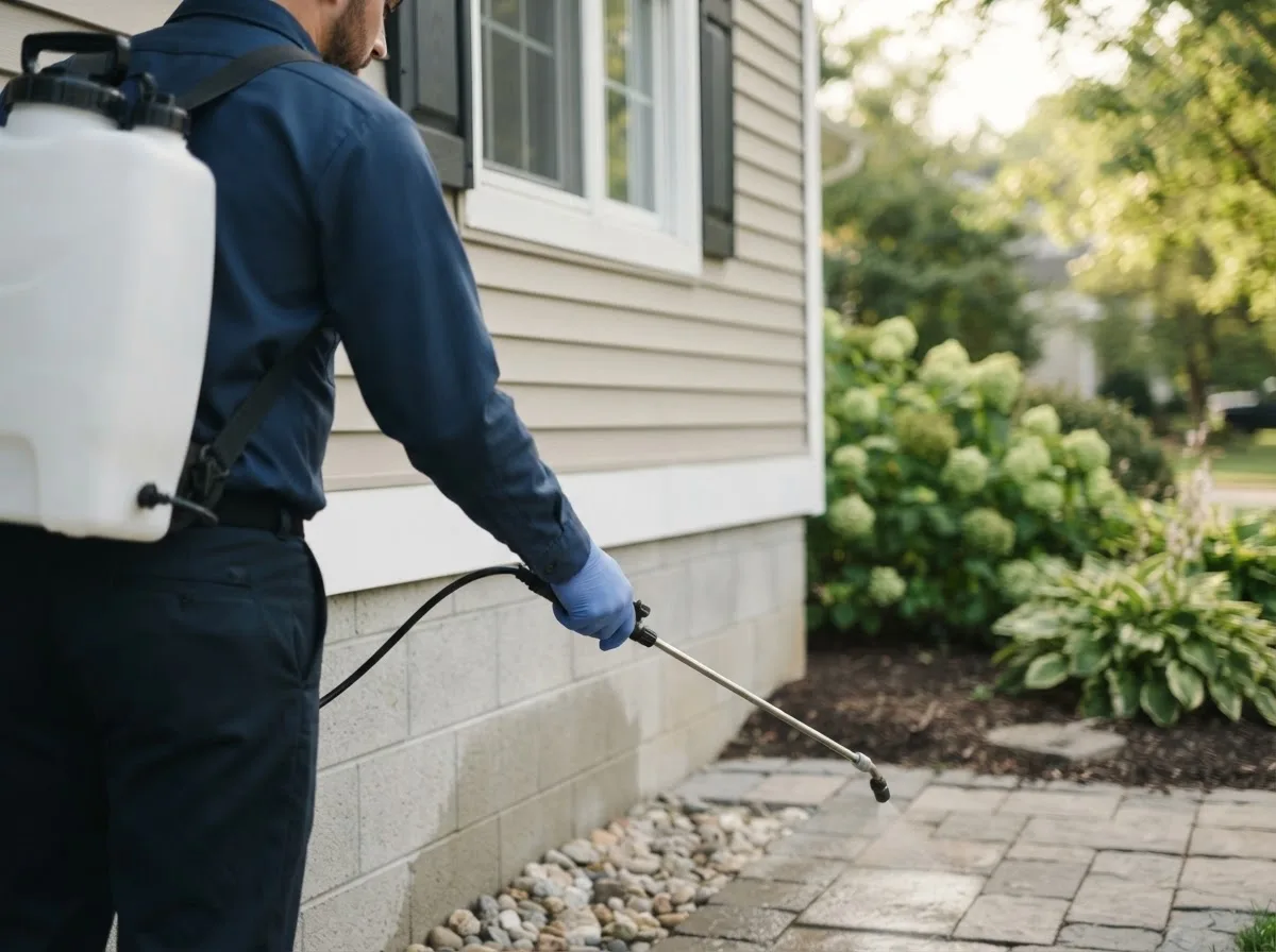 Pest control technician inspecting a home in Quail, TX